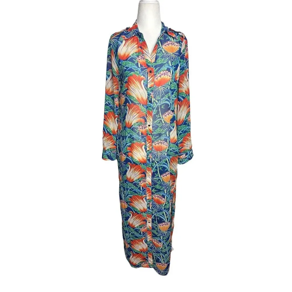 Grifflin Paris Tropical Floral Blue Long Bathing Suit Cover Up Size Small Women'